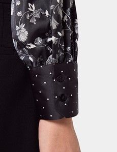 Black & White Floral Satin Pussybow Blouse