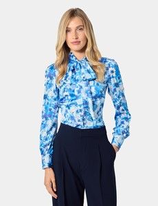 White & Blue Floral Pussybow Blouse