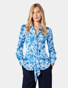 White & Blue Floral Pussybow Blouse
