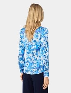 White & Blue Floral Pussybow Blouse