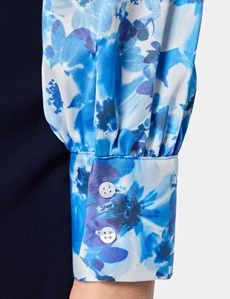 White & Blue Floral Pussybow Blouse