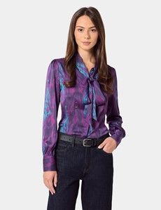 Purple & Pink Paint Stroke Pussybow Blouse