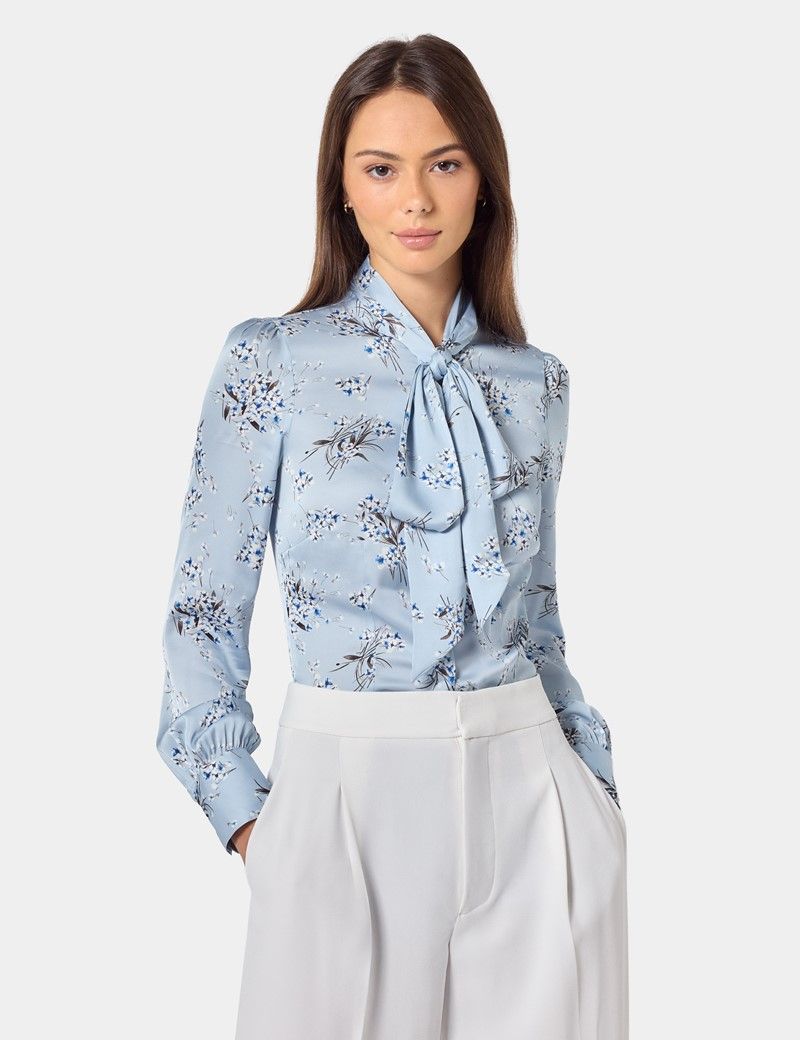 Light Blue & White Floral Pussybow Blouse