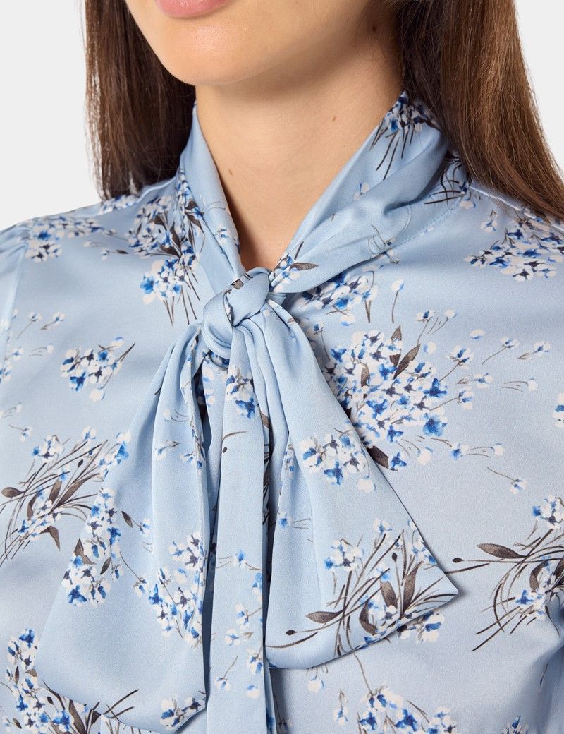 Light Blue & White Floral Pussybow Blouse-preview