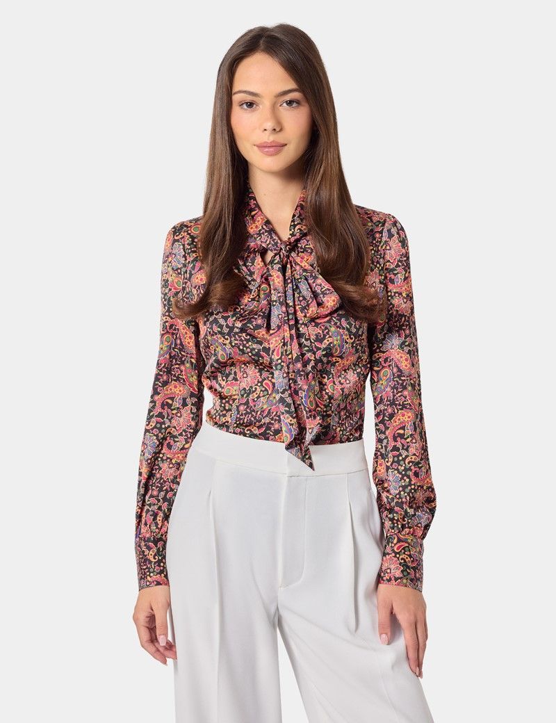 Black & Red Large Paisley Pussybow Blouse