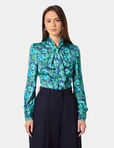 Navy & Green Floral Pussybow Blouse