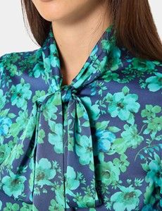 Navy & Green Floral Pussybow Blouse
