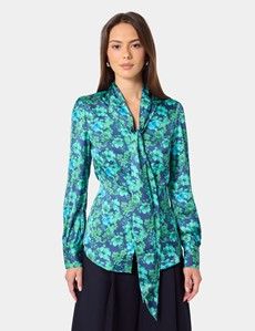 Navy & Green Floral Pussybow Blouse