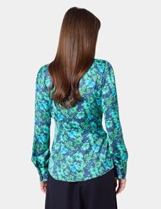Navy & Green Floral Pussybow Blouse