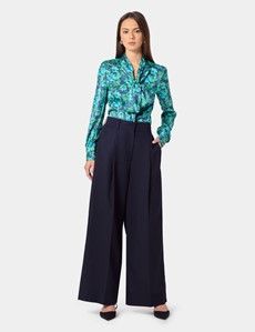 Navy & Green Floral Pussybow Blouse