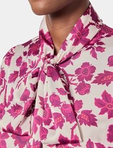 White & Fuchsia Floral Pussybow Blouse