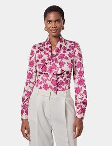 White & Fuchsia Floral Pussybow Blouse
