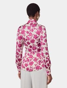 White & Fuchsia Floral Pussybow Blouse