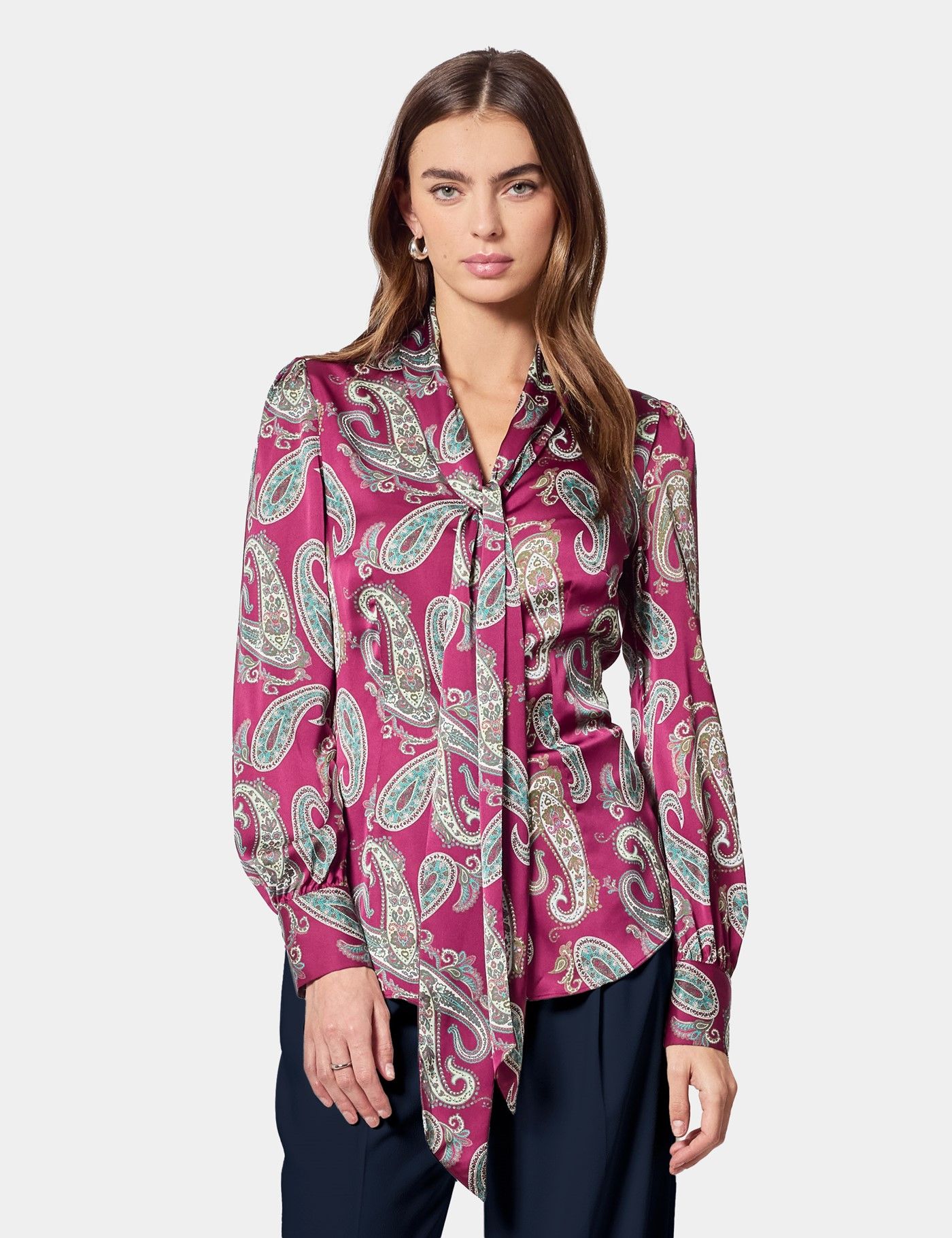 Wine & Green Large Paisley Pussybow Blouse