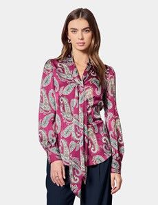 Wine & Green Large Paisley Pussybow Blouse
