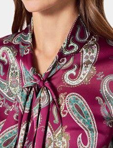 Wine & Green Large Paisley Pussybow Blouse
