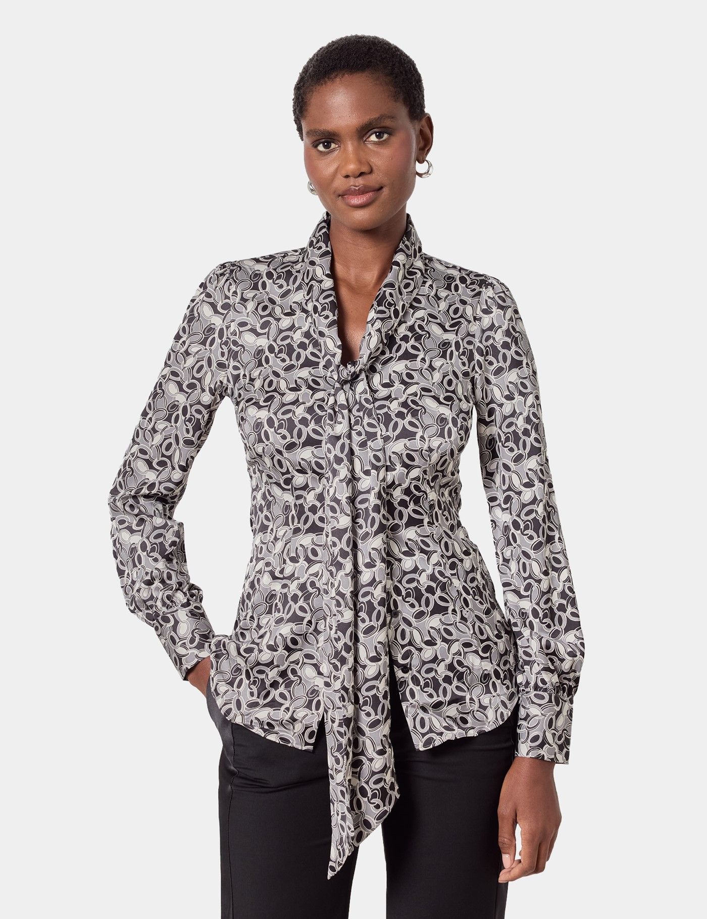 Black & Grey Geometric Pussybow Blouse