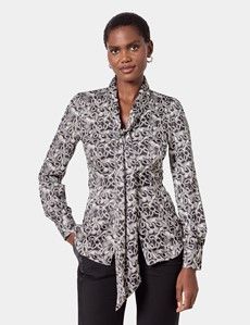 Black & Grey Geometric Pussybow Blouse