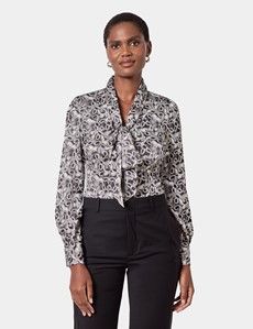 Black & Grey Geometric Pussybow Blouse