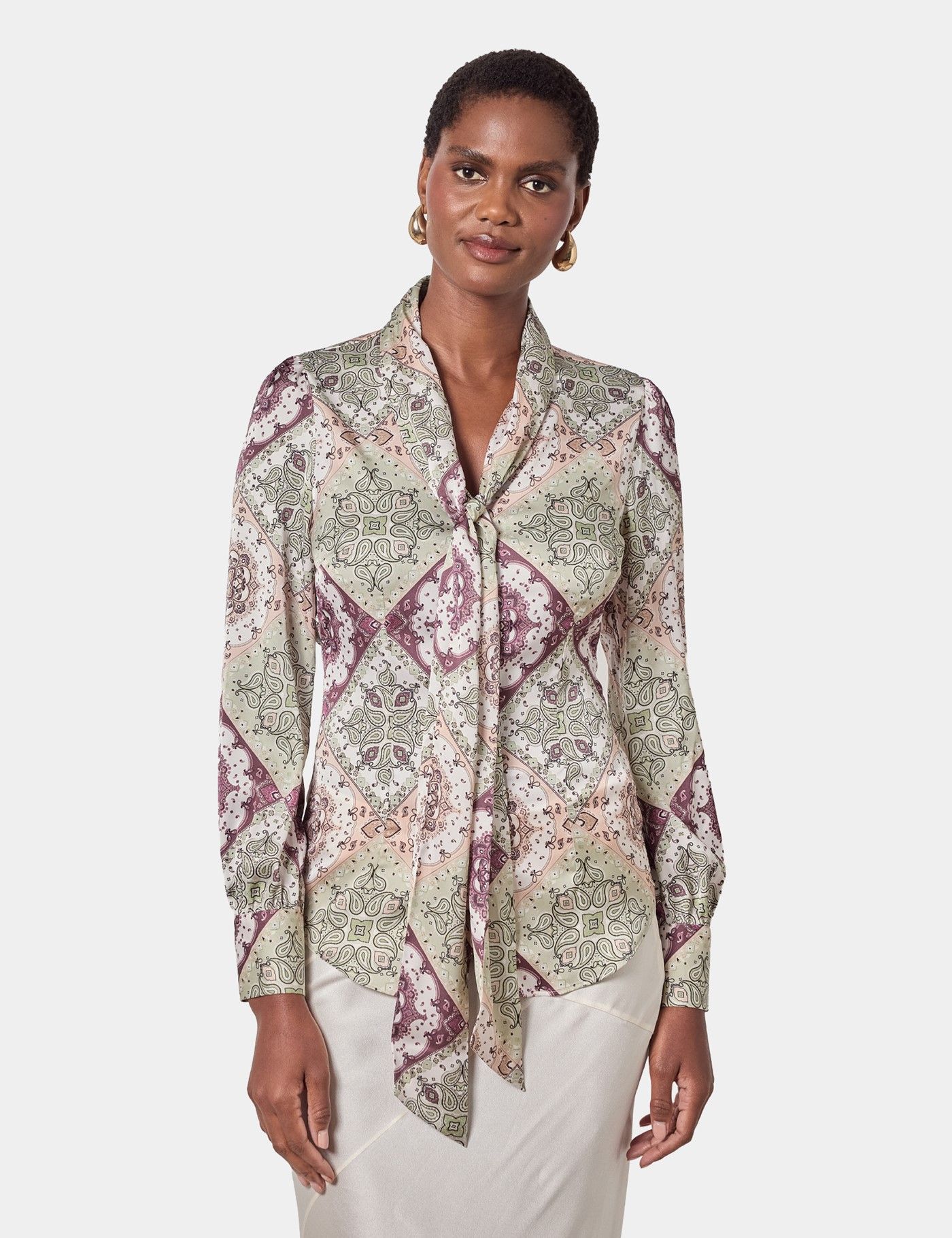 Cream & Green Paisley Pussybow Blouse
