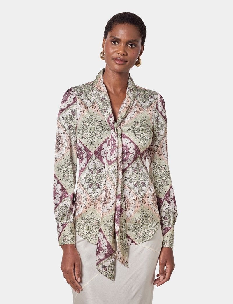 Cream & Green Paisley Pussybow Blouse