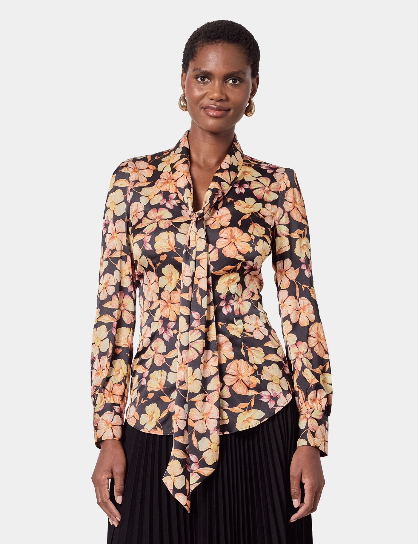 Black & Orange Floral Pussybow Blouse