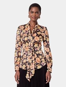 Black & Orange Floral Pussybow Blouse