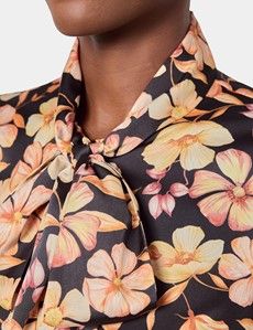 Black & Orange Floral Pussybow Blouse