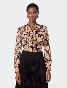 Black & Orange Floral Pussybow Blouse