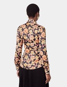 Black & Orange Floral Pussybow Blouse
