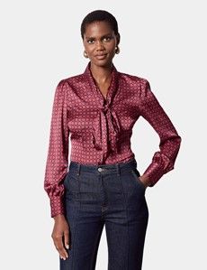 Black & Red Geometric Pussybow Blouse