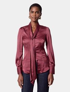 Black & Red Geometric Pussybow Blouse