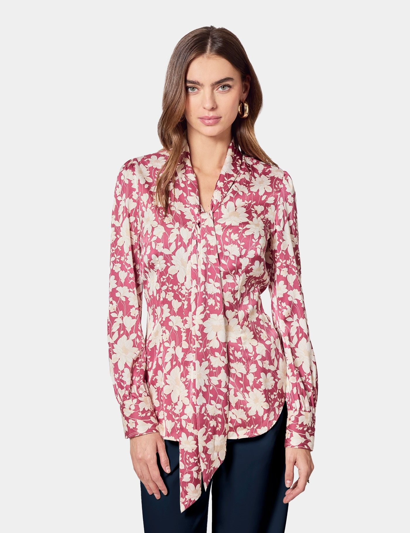 Red & Cream Floral Pussybow Blouse