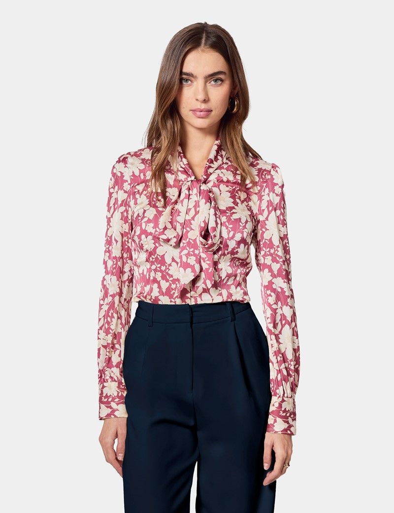 Red & Cream Floral Pussybow Blouse