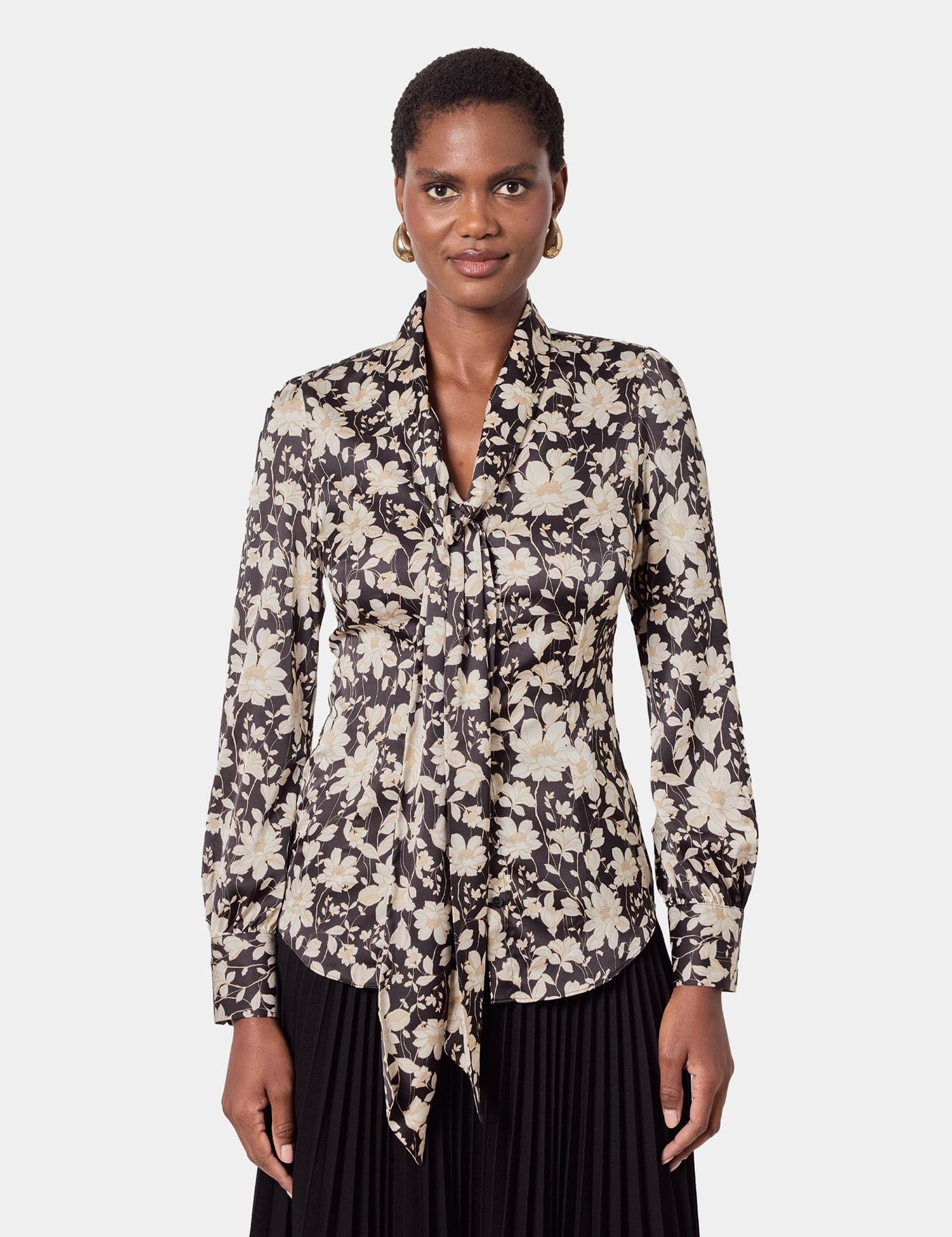 Black & Cream Floral Pussybow Blouse