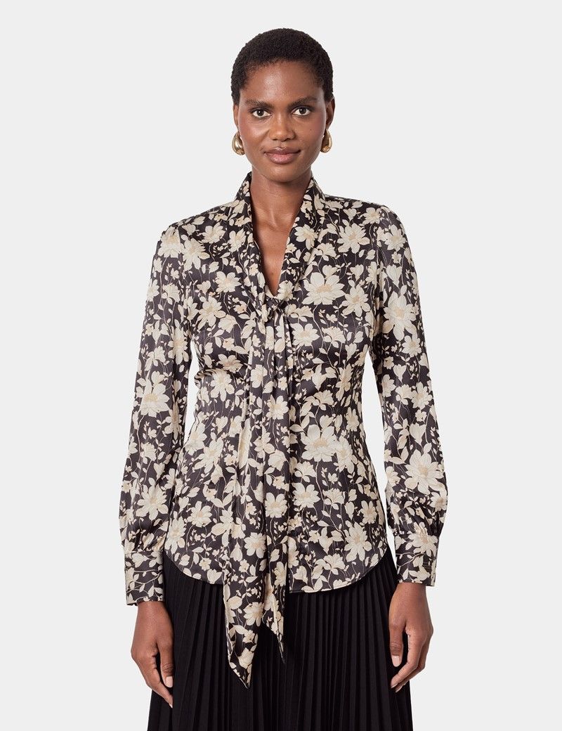 Black & Cream Floral Pussybow Blouse