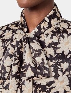 Black & Cream Floral Pussybow Blouse