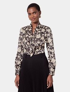 Black & Cream Floral Pussybow Blouse
