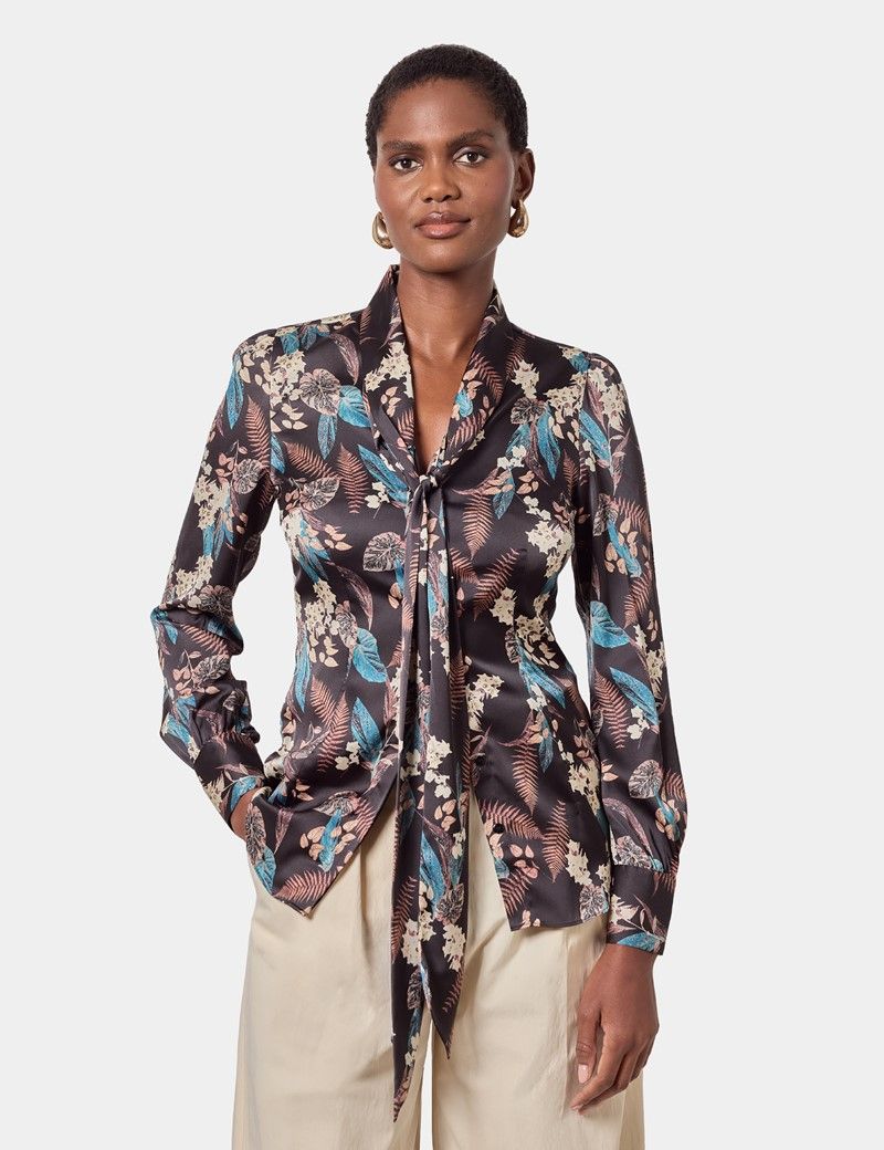 Black & Blue Floral Pussybow Blouse