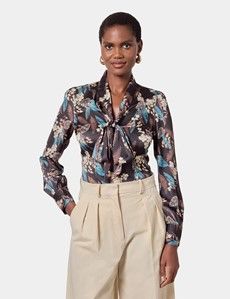 Black & Blue Floral Pussybow Blouse