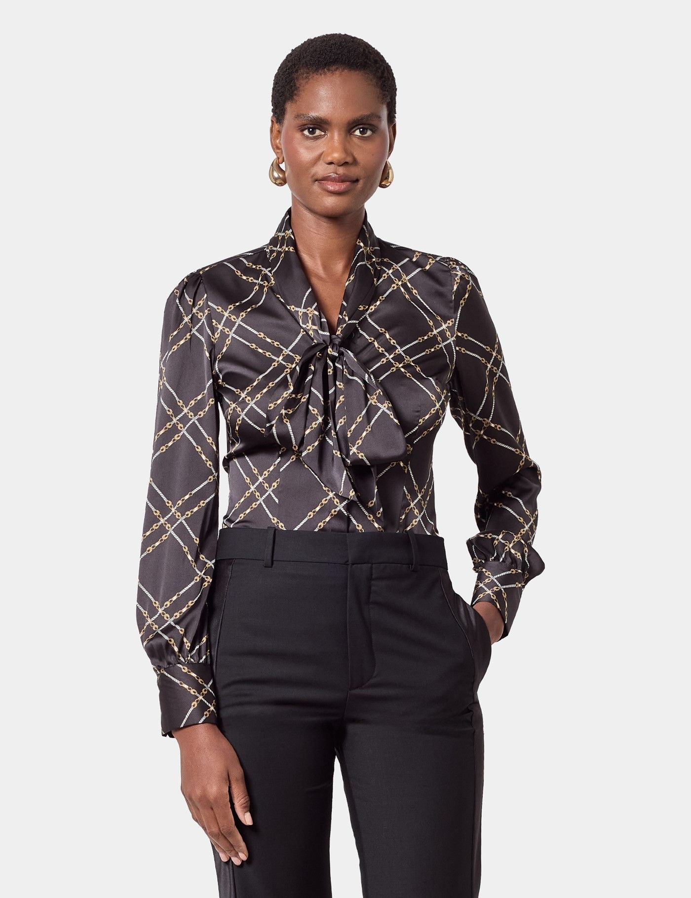 Black & Gold Chains Pussybow Blouse