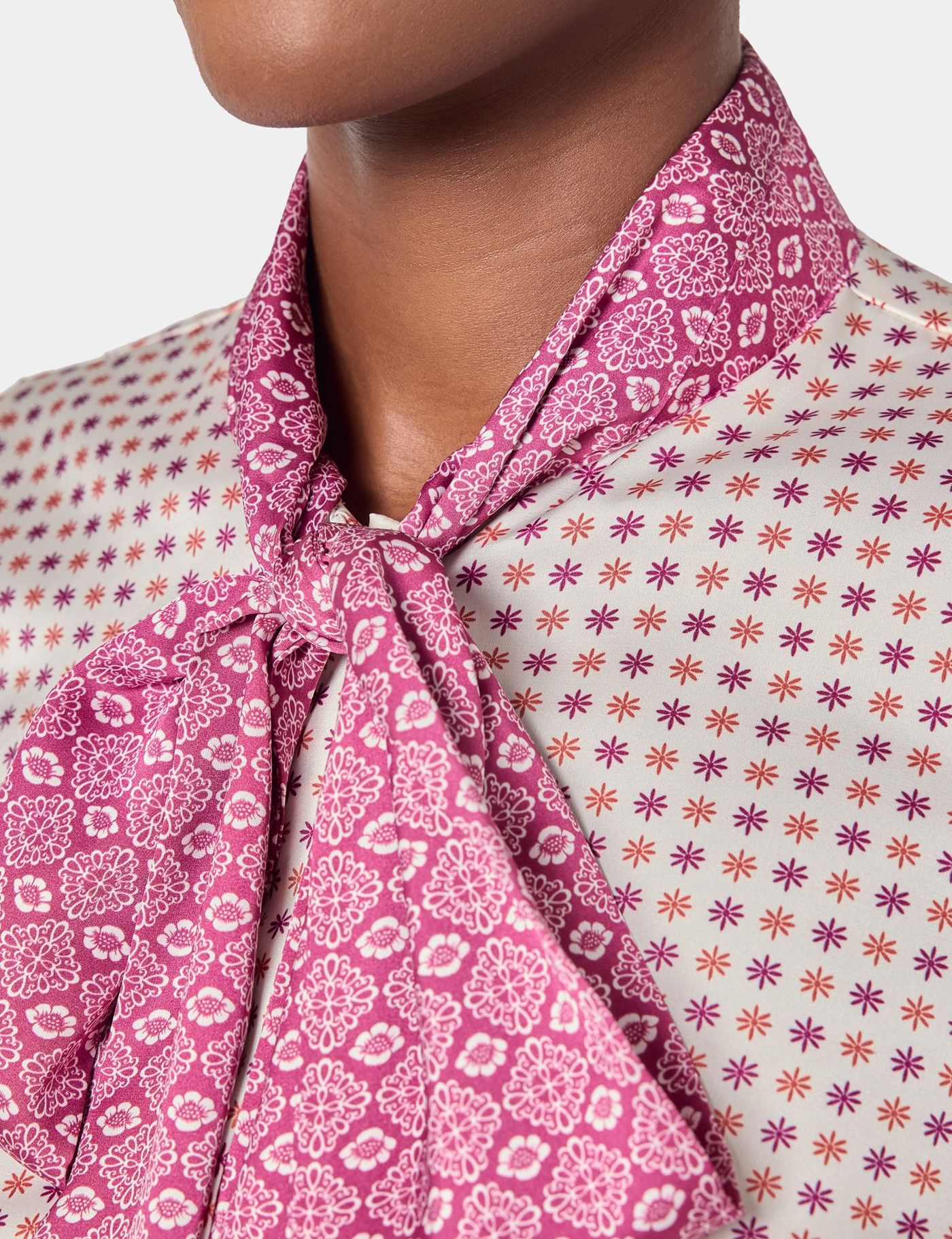 Cream & Magenta Geometric Pussybow Blouse-preview