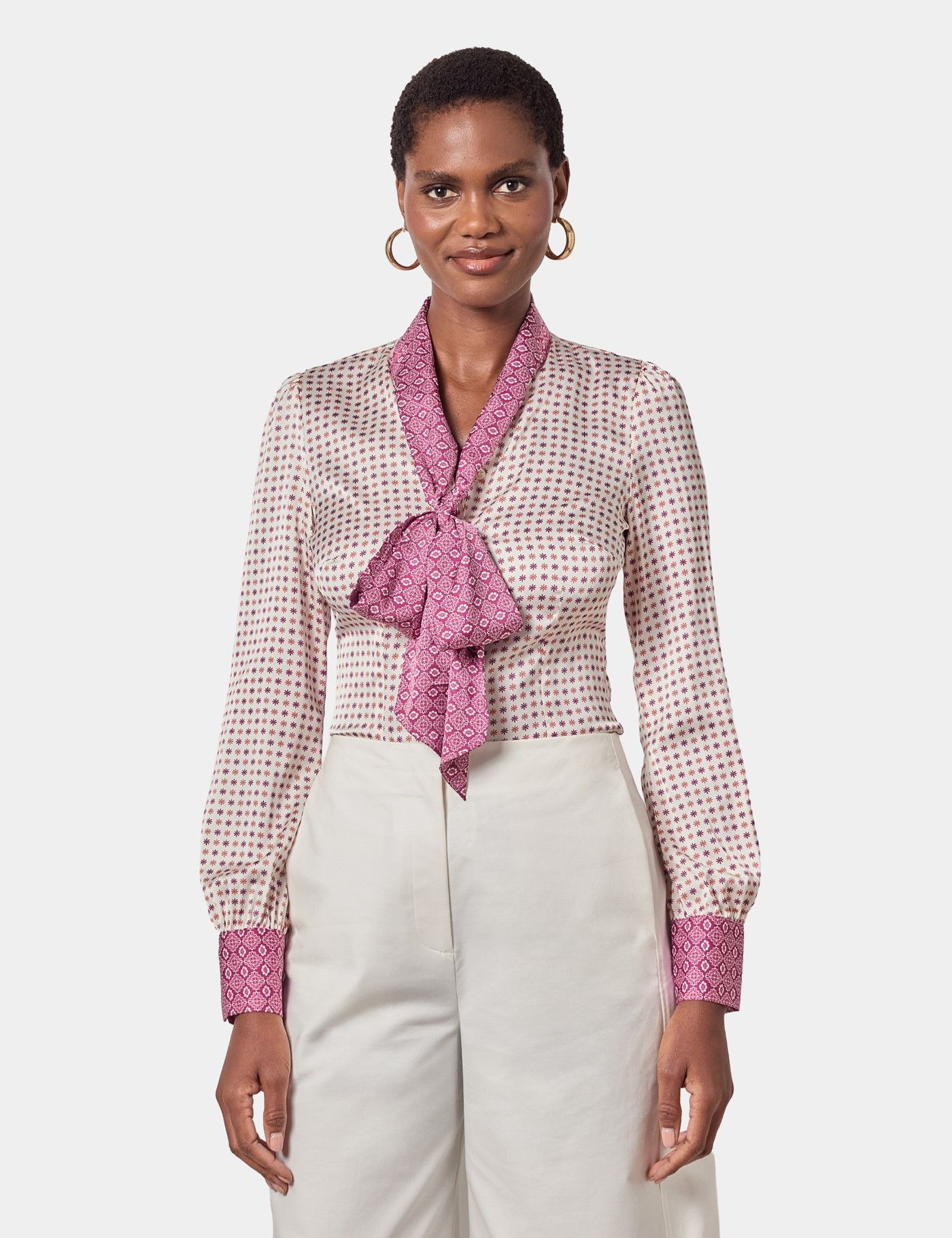 Cream & Magenta Geometric Pussybow Blouse