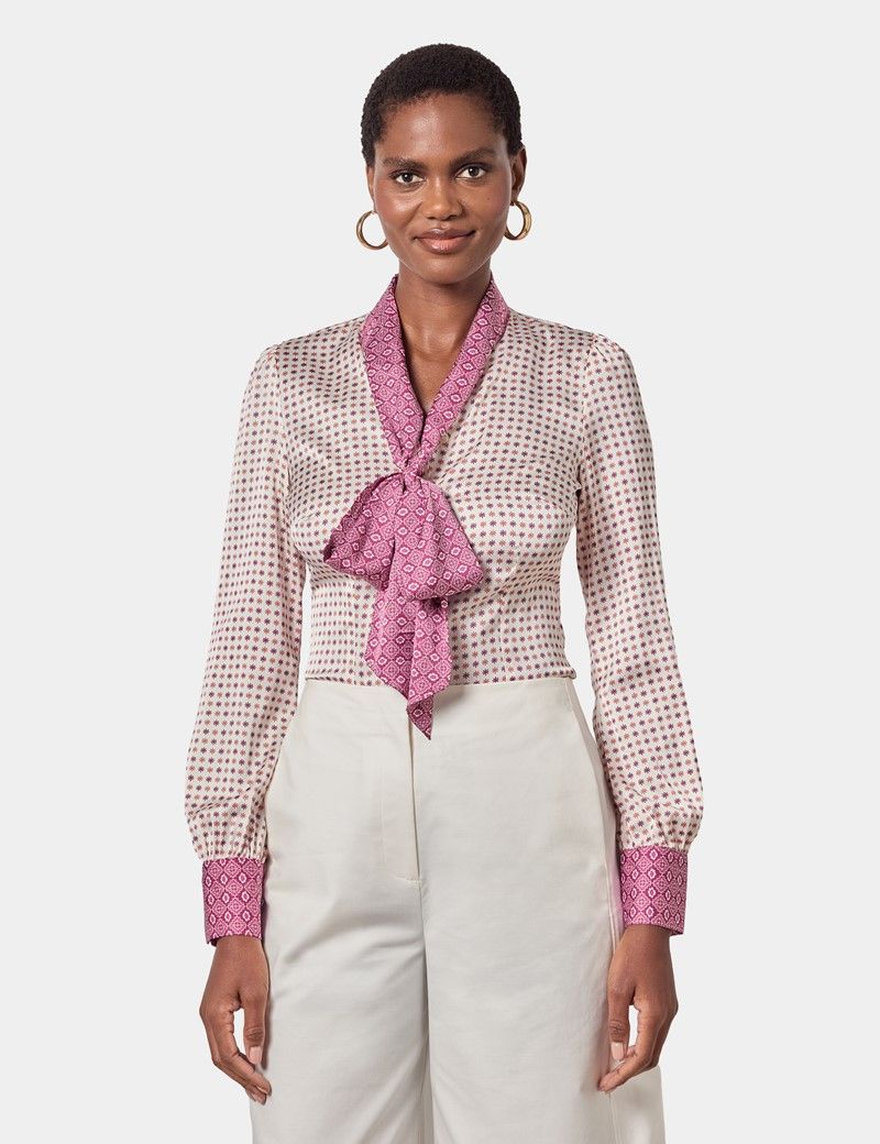 Cream & Magenta Geometric Pussybow Blouse