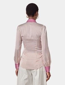 Cream & Magenta Geometric Pussybow Blouse