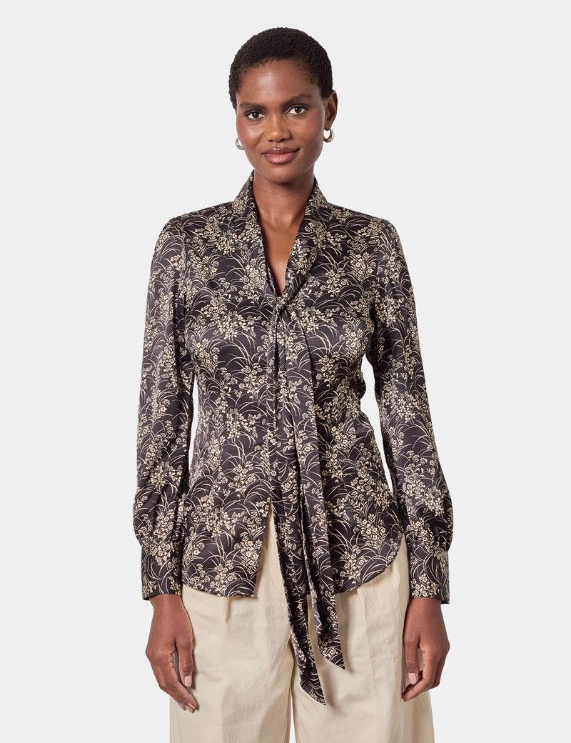 Black & Cream Floral Pussybow Blouse