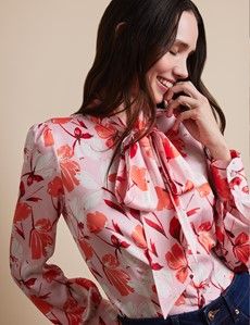 Pink & Orange Floral Pussybow Blouse