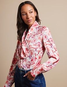 Cream & Red Floral Pussybow Blouse
