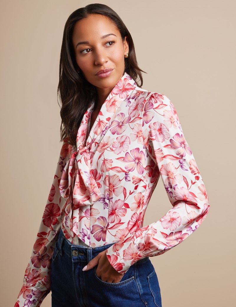 Cream & Red Floral Pussybow Blouse