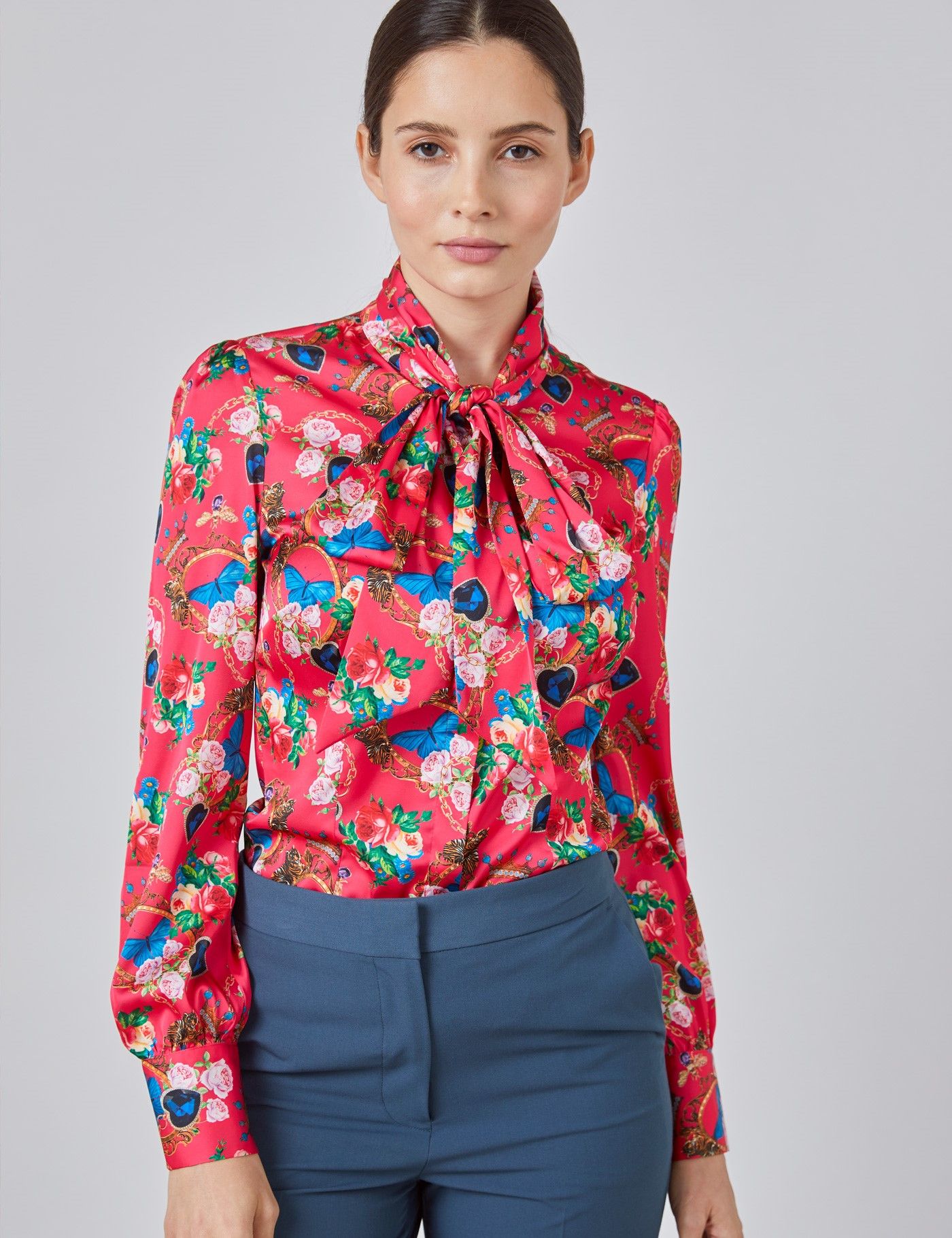 Women's Pink & Blue Floral Fitted Satin Blouse - Single Cuff